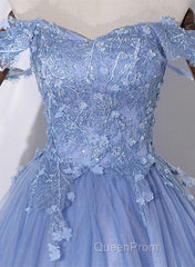 Blue Off Shoulder Tulle Party Dresses With Lace, Long Formal Dresses Sweet 16 Dresses
