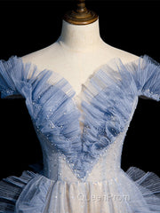 Blue Off Shoulder Tulle Sequin Beading Long Evening Prom Dresses, Blue Formal Dresses