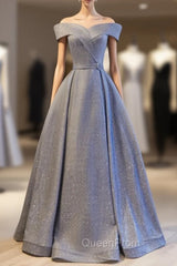 Blue Off the Shoulder Belt Evening Prom Dresses