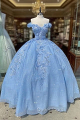 Blue Off The Shoulder Evening Gown, Long Evening Prom Ball Gown Dresses