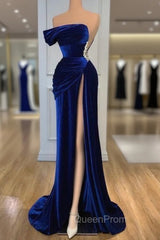 Blue Off-the-Shoulder Velvet Evening Prom Dresses Mermaid Long With Split
