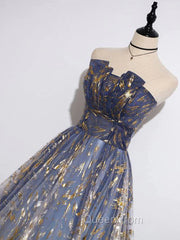 Blue Ombre Long Lace Evening Prom Dresses, Blue Long Lace Tulle Evening Dresses