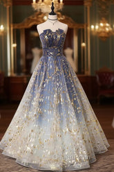 Blue Ombre Long Lace Evening Prom Dresses, Blue Long Lace Tulle Evening Dresses