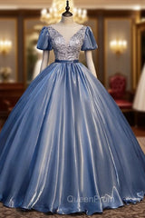 Blue Organza Sequins Puff Sleeve Quinceanera Dresses