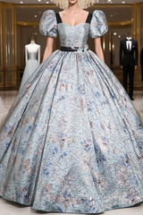 Blue Print Short Sleeve Sequare Neck Quinceanera Dresses