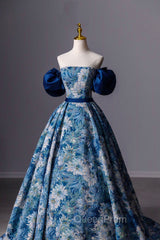 Blue Printed Long A-Line Evening Prom Dresses, Blue Off the Shoulder Evening Dresses