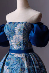 Blue Printed Long A-Line Evening Prom Dresses, Blue Off the Shoulder Evening Dresses