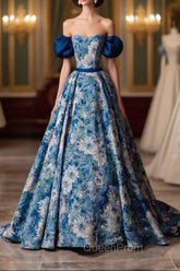 Blue Printed Long A-Line Evening Prom Dresses, Blue Off the Shoulder Evening Dresses