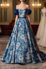 Blue Printed Long A-Line Evening Prom Dresses, Blue Off the Shoulder Evening Dresses