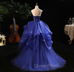Blue Evening Prom Dresses Ruffles Tiered Crystal Beaded Top EveningParty Dresses, High Low Evening Prom Dresses