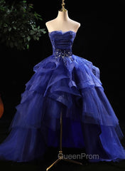 Blue Evening Prom Dresses Ruffles Tiered Crystal Beaded Top EveningParty Dresses, High Low Evening Prom Dresses