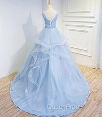 Blue Evening Prom Dresses V-neck Ball Gown Sweep Train Party Dresses, Sweet 16 Gown