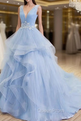Blue Evening Prom Dresses V-neck Ball Gown Sweep Train Party Dresses, Sweet 16 Gown