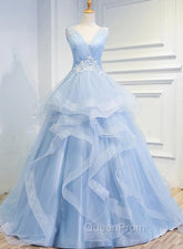 Blue Evening Prom Dresses V-neck Ball Gown Sweep Train Party Dresses, Sweet 16 Gown