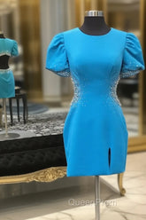 Blue Round Neck Beaded Bodycon Short Homecoming Dresses with Puff Sleeves