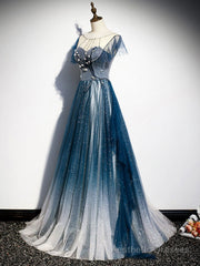 Blue Round Neck Tulle Beads Long Prom Dress, Blue Evening Dress