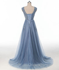 Blue round neck tulle lace applique long Evening Prom Dresses, blue evening Dresses