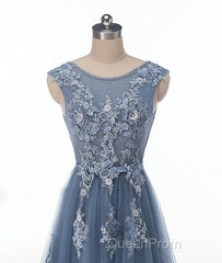 Blue round neck tulle lace applique long Evening Prom Dresses, blue evening Dresses