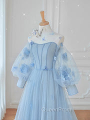 Blue Round Neck Tulle Lace Long Evening Prom Dresses, Blue Tulle Evening Dresses