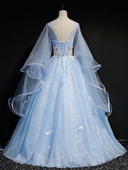 Blue Round Neck Tulle Lace Long Evening Prom Dresses, Blue Sweet 16 Dresses