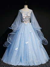 Blue Round Neck Tulle Lace Long Evening Prom Dresses, Blue Sweet 16 Dresses