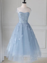 Blue round neck tulle lace short Evening Prom Dresses, blue homecoming Dresses