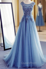 Blue Round Neckline Long Applique Elegant Senior Evening Dresses, Long Party Gowns