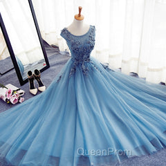 Blue Round Neckline Long Applique Elegant Senior Evening Dresses, Long Party Gowns