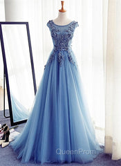 Blue Round Neckline Long Applique Elegant Senior Evening Dresses, Long Party Gowns
