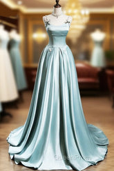 Blue Satin A-line Beaded Long Party Dresses Evening Prom Dresses, Blue Evening Dresses