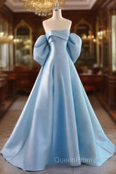 Blue Satin A-line Long Party Dresses, Blue Satin Long Evening Dresses Evening Prom Dresses