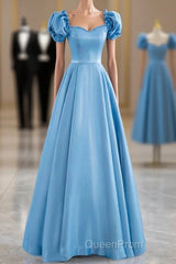 Blue Satin Beaded Floor Length Evening Prom Dresses, Blue A-Line Short Sleeve Evening Dresses