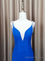 Blue Satin Beads Long Mermaid Prom Dress Blue Formal Dress