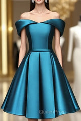Blue Satin Cute Knee Length Short Evening Prom Dresses Homecoming Dresses, Off Shoulder Formal Dresses
