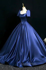 Blue Satin Floor Length Evening Dresses, Elegant Off The Shoulder Evening Party Dresses