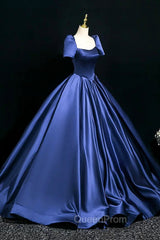 Blue Satin Floor Length Evening Dresses, Elegant Off The Shoulder Evening Party Dresses