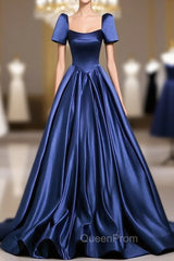 Blue Satin Floor Length Evening Dresses, Elegant Off The Shoulder Evening Party Dresses