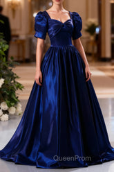 Blue Satin Floor Length Evening Prom Dresses, A-Line Short Sleeve Backless Evening Party Dresses