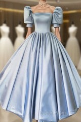Blue Satin Floor Length Evening Prom Dresses, A-Line Short Sleeve Evening Party Dresses