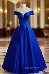 Blue Satin Floor Length Evening Prom Dresses, Elegant A-Line Evening Party Dresses