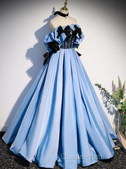 Blue satin lace long Evening Prom Dresses blue satin evening Dresses