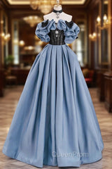 Blue Satin Lace Long Evening Prom Dresses, Off Shoulder Evening Party Dresses