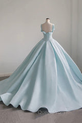 Blue Satin Long A-Line Evening Dresses, Blue Evening Prom Evening Dresses