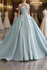 Blue Satin Long A-Line Evening Dresses, Blue Evening Prom Evening Dresses