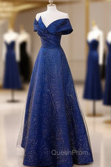 Blue Satin Long A-line Evening Dresses Evening Prom Dresses, Off Shoulder Blue Evening Dresses