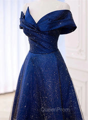 Blue Satin Long A-line Evening Dresses Evening Prom Dresses, Off Shoulder Blue Evening Dresses
