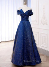 Blue Satin Long A-line Evening Dresses Evening Prom Dresses, Off Shoulder Blue Evening Dresses