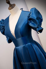Blue Satin Long A-Line Evening Prom Dresses, Elegant Short Sleeve Party Dresses