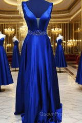 Blue Satin Long A Line Evening Prom Dresses Evening Dresses
