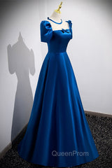 Blue Satin Long A-Line Evening Prom Dresses, Simple Blue Short Sleeve Evening Dresses